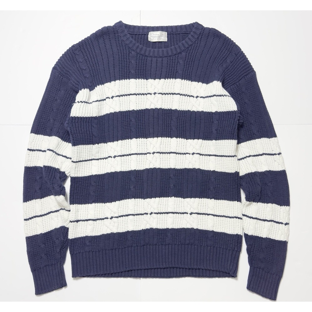 VTG 80s Christian Dior Mens Striped Cable Knit Sweater XL Chunky Knit USA Made